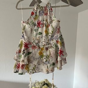 Never worn, silk Parker medium halter top, "Sangria"floral design, with tags